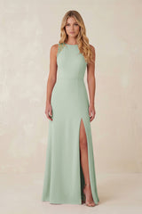 Round Neck Sheath Chiffon Appliqued Bridesmaid Dress in Sage - KissProm Bridesmaid Dresses