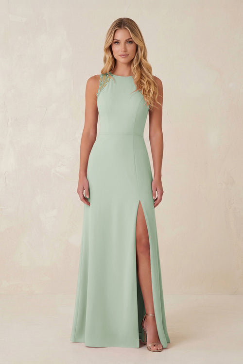 Round Neck Sheath Chiffon Appliqued Bridesmaid Dress in Sage - KissProm Bridesmaid Dresses