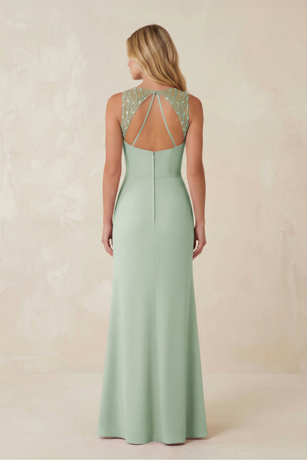 Round Neck Sheath Chiffon Appliqued Bridesmaid Dress in Sage - KissProm Bridesmaid Dresses