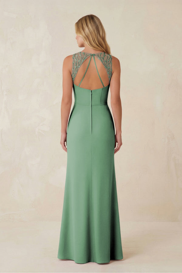 Round Neck Sheath Chiffon Appliqued Bridesmaid Dress in Sea Glass - KissProm Bridesmaid Dresses