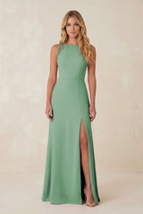 Round Neck Sheath Chiffon Appliqued Bridesmaid Dress in Sea Glass - KissProm Bridesmaid Dresses
