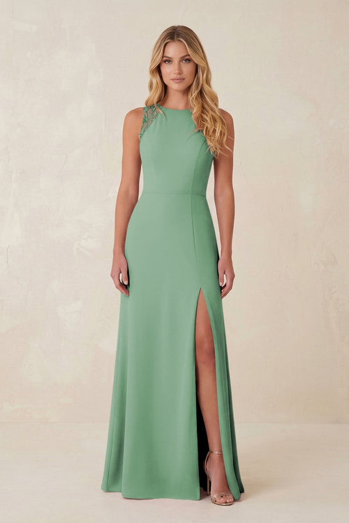 Round Neck Sheath Chiffon Appliqued Bridesmaid Dress in Sea Glass - KissProm Bridesmaid Dresses