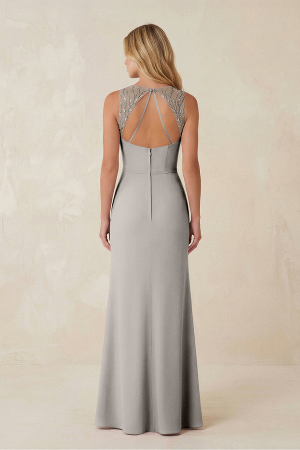 Round Neck Sheath Chiffon Appliqued Bridesmaid Dress in Silver - KissProm Bridesmaid Dresses