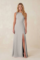 Round Neck Sheath Chiffon Appliqued Bridesmaid Dress in Silver - KissProm Bridesmaid Dresses