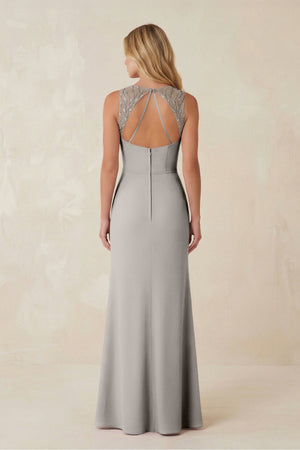Round Neck Sheath Chiffon Appliqued Bridesmaid Dress in Silver - KissProm Bridesmaid Dresses