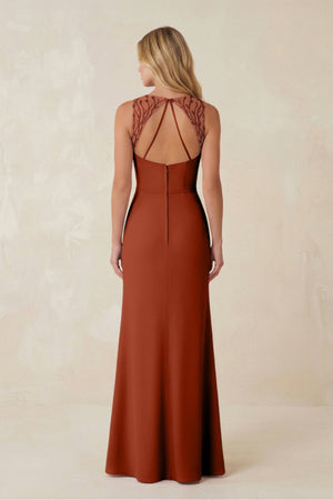 Round Neck Sheath Chiffon Appliqued Bridesmaid Dress in Spice - KissProm Bridesmaid Dresses