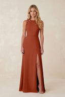 Round Neck Sheath Chiffon Appliqued Bridesmaid Dress in Spice - KissProm Bridesmaid Dresses