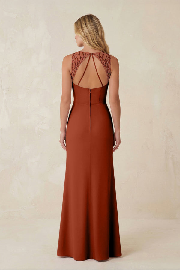 Round Neck Sheath Chiffon Appliqued Bridesmaid Dress in Spice - KissProm Bridesmaid Dresses