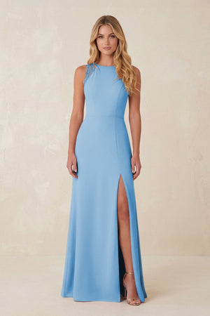 Round Neck Sheath Chiffon Appliqued Bridesmaid Dress in Steel Blue - KissProm Bridesmaid Dresses
