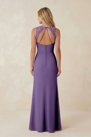 Round Neck Sheath Chiffon Appliqued Bridesmaid Dress in Tahiti - KissProm Bridesmaid Dresses