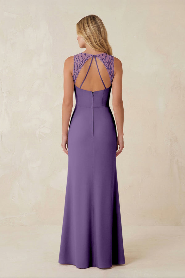 Round Neck Sheath Chiffon Appliqued Bridesmaid Dress in Tahiti - KissProm Bridesmaid Dresses