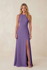 Round Neck Sheath Chiffon Appliqued Bridesmaid Dress in Tahiti - KissProm Bridesmaid Dresses