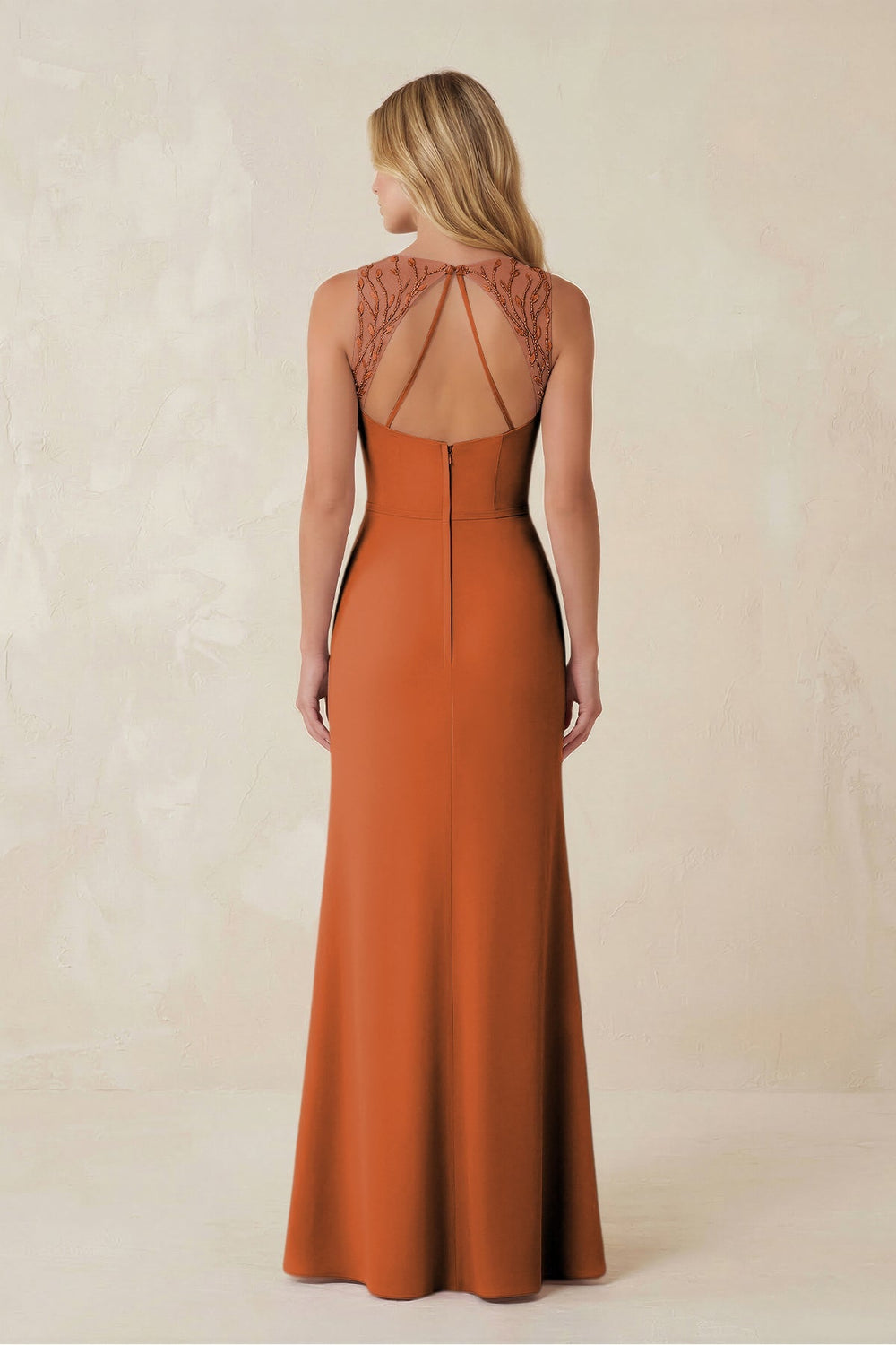 Round Neck Sheath Chiffon Appliqued Bridesmaid Dress in Terracotta - KissProm Bridesmaid Dresses