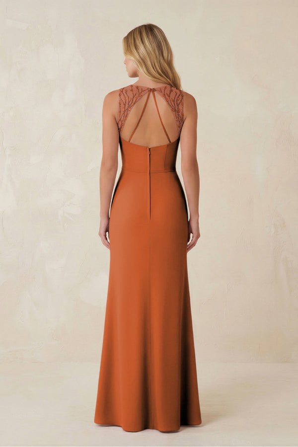 Round Neck Sheath Chiffon Appliqued Bridesmaid Dress in Terracotta - KissProm Bridesmaid Dresses
