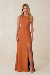 Round Neck Sheath Chiffon Appliqued Bridesmaid Dress in Terracotta - KissProm Bridesmaid Dresses