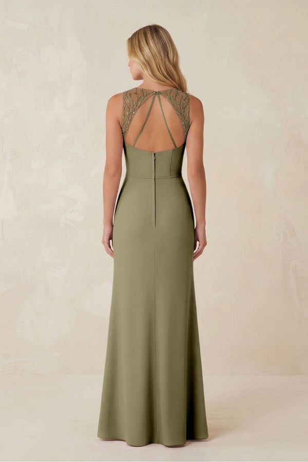 Round Neck Sheath Chiffon Appliqued Bridesmaid Dress in Thyme - KissProm Bridesmaid Dresses