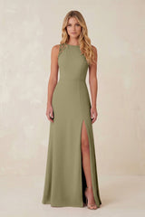 Round Neck Sheath Chiffon Appliqued Bridesmaid Dress in Thyme - KissProm Bridesmaid Dresses