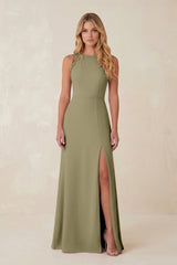 Round Neck Sheath Chiffon Appliqued Bridesmaid Dress in Thyme - KissProm Bridesmaid Dresses