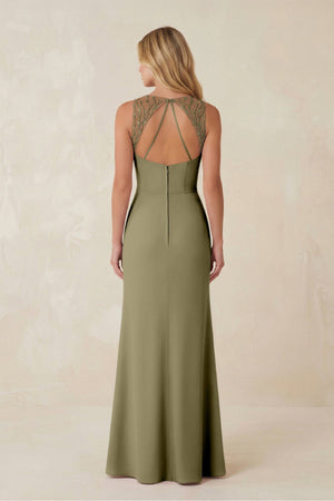 Round Neck Sheath Chiffon Appliqued Bridesmaid Dress in Thyme - KissProm Bridesmaid Dresses