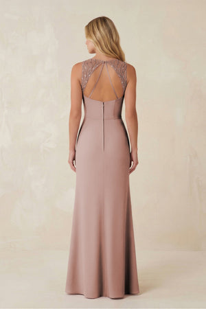 Round Neck Sheath Chiffon Appliqued Bridesmaid Dress in Toffee - KissProm Bridesmaid Dresses
