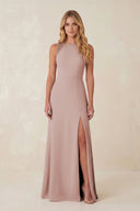 Round Neck Sheath Chiffon Appliqued Bridesmaid Dress in Toffee - KissProm Bridesmaid Dresses