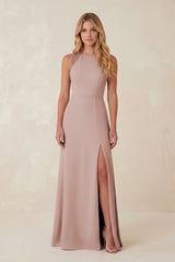 Round Neck Sheath Chiffon Appliqued Bridesmaid Dress in Toffee - KissProm Bridesmaid Dresses