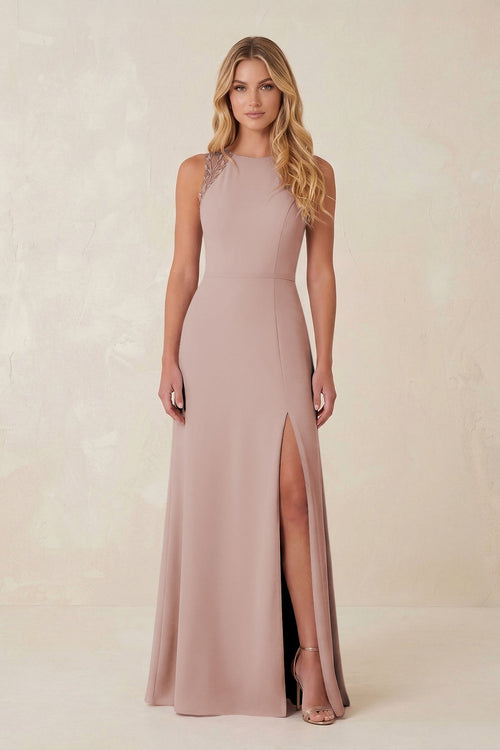 Round Neck Sheath Chiffon Appliqued Bridesmaid Dress in Toffee - KissProm Bridesmaid Dresses