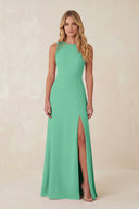 Round Neck Sheath Chiffon Appliqued Bridesmaid Dress in Turquoise - KissProm Bridesmaid Dresses