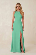 Round Neck Sheath Chiffon Appliqued Bridesmaid Dress in Turquoise - KissProm Bridesmaid Dresses