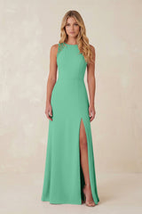 Round Neck Sheath Chiffon Appliqued Bridesmaid Dress in Turquoise - KissProm Bridesmaid Dresses