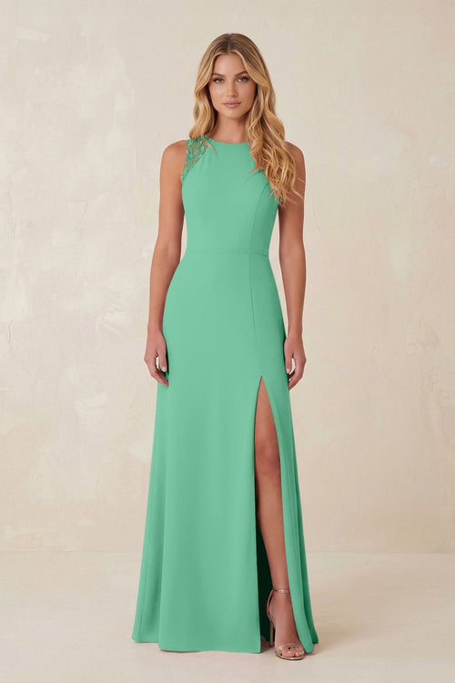 Round Neck Sheath Chiffon Appliqued Bridesmaid Dress in Turquoise - KissProm Bridesmaid Dresses