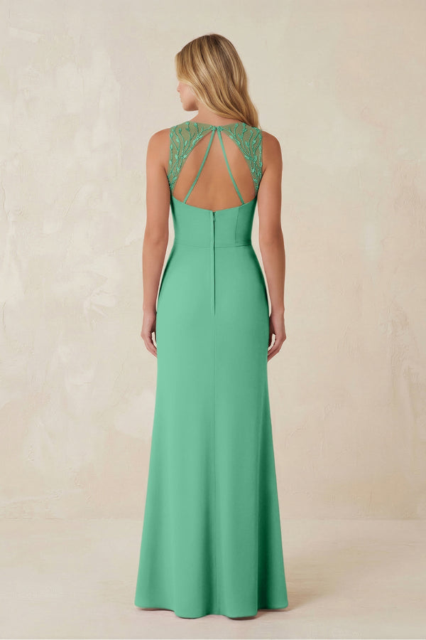 Round Neck Sheath Chiffon Appliqued Bridesmaid Dress in Turquoise - KissProm Bridesmaid Dresses
