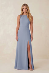 Round Neck Sheath Chiffon Appliqued Bridesmaid Dress in Twilight - KissProm Bridesmaid Dresses