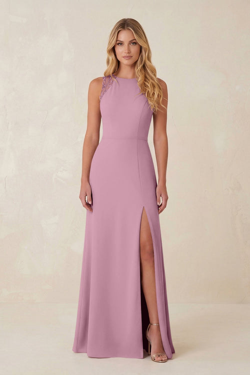 Round Neck Sheath Chiffon Appliqued Bridesmaid Dress in Vintage Mauve - KissProm Bridesmaid Dresses