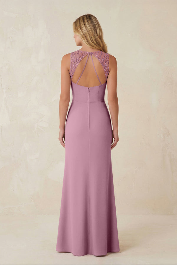 Round Neck Sheath Chiffon Appliqued Bridesmaid Dress in Vintage Mauve - KissProm Bridesmaid Dresses