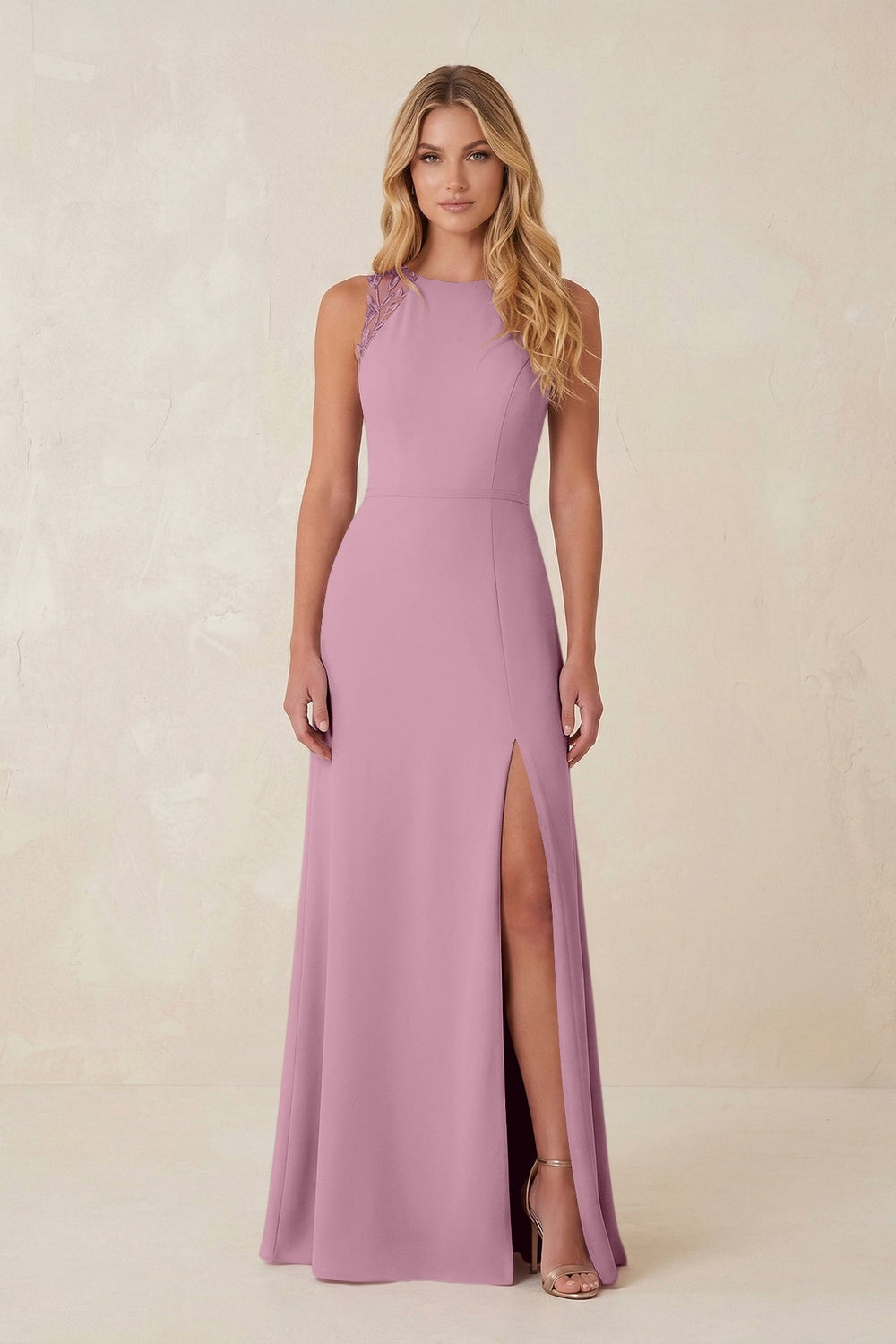 Round Neck Sheath Chiffon Appliqued Bridesmaid Dress in Vintage Mauve - KissProm Bridesmaid Dresses