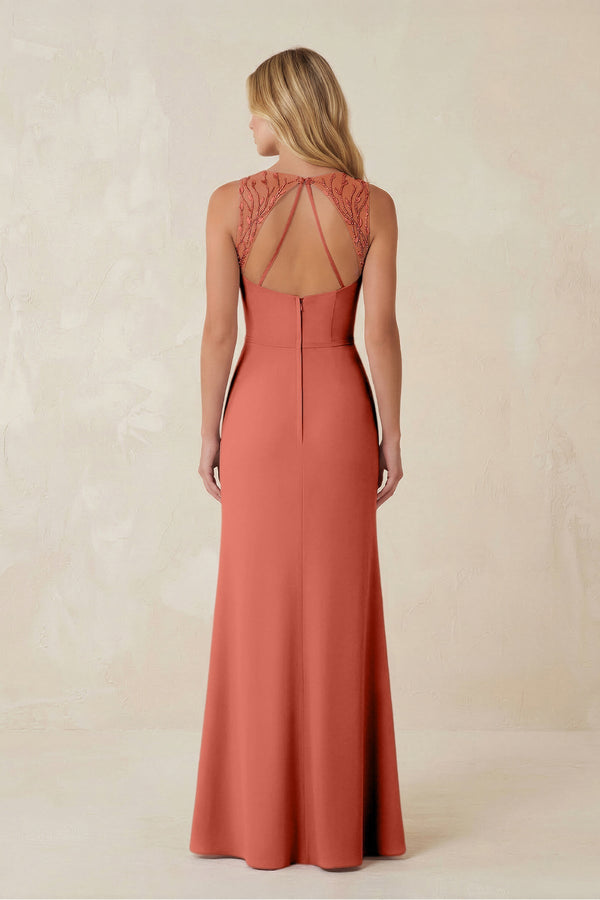 Round Neck Sheath Chiffon Appliqued Bridesmaid Dress in Wild Rose - KissProm Bridesmaid Dresses