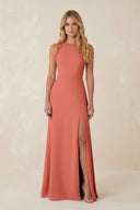 Round Neck Sheath Chiffon Appliqued Bridesmaid Dress in Wild Rose - KissProm Bridesmaid Dresses