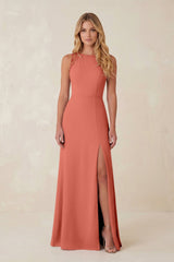 Round Neck Sheath Chiffon Appliqued Bridesmaid Dress in Wild Rose - KissProm Bridesmaid Dresses