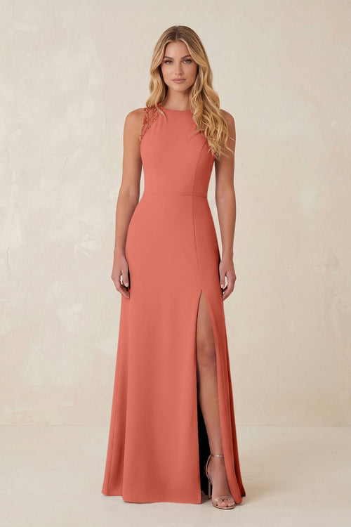 Round Neck Sheath Chiffon Appliqued Bridesmaid Dress in Wild Rose - KissProm Bridesmaid Dresses