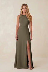 Round Neck Sheath Chiffon Appliqued Bridesmaid Dress in Willow Green - KissProm Bridesmaid Dresses