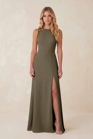 Round Neck Sheath Chiffon Appliqued Bridesmaid Dress in Willow Green - KissProm Bridesmaid Dresses