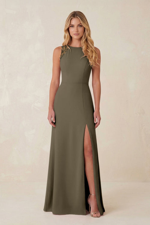 Round Neck Sheath Chiffon Appliqued Bridesmaid Dress in Willow Green - KissProm Bridesmaid Dresses