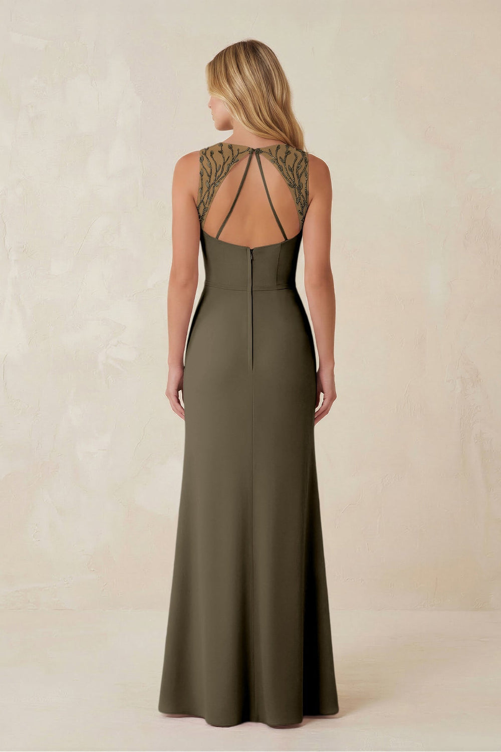 Round Neck Sheath Chiffon Appliqued Bridesmaid Dress in Willow Green - KissProm Bridesmaid Dresses