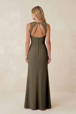 Round Neck Sheath Chiffon Appliqued Bridesmaid Dress in Willow Green - KissProm Bridesmaid Dresses