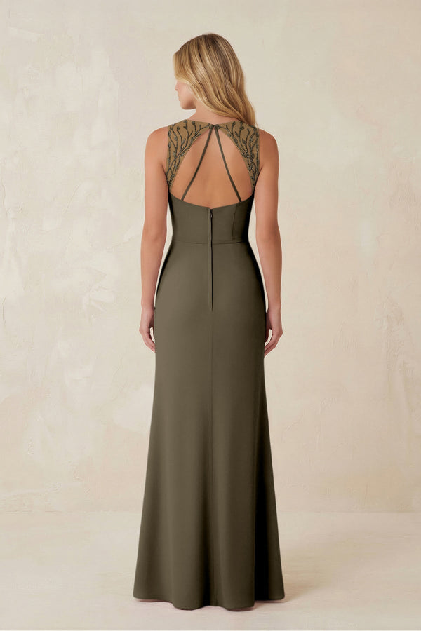 Round Neck Sheath Chiffon Appliqued Bridesmaid Dress in Willow Green - KissProm Bridesmaid Dresses