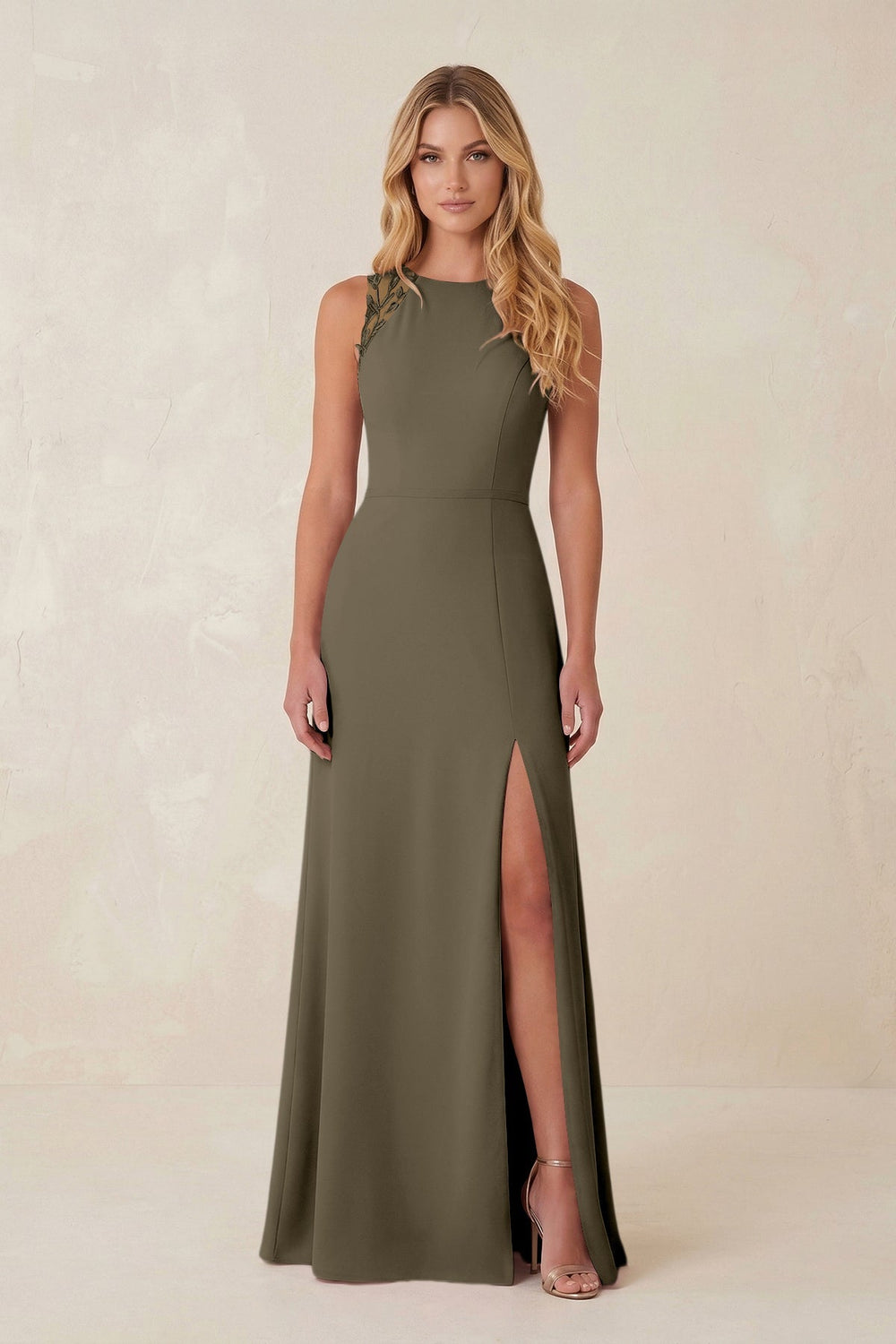Round Neck Sheath Chiffon Appliqued Bridesmaid Dress in Willow Green - KissProm Bridesmaid Dresses