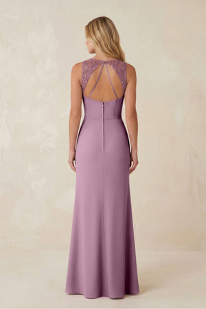 Round Neck Sheath Chiffon Appliqued Bridesmaid Dress in Wisteria - KissProm Bridesmaid Dresses