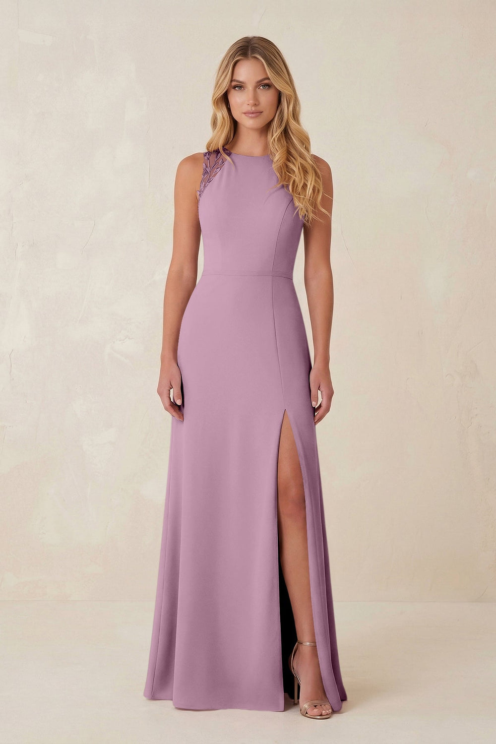 Round Neck Sheath Chiffon Appliqued Bridesmaid Dress in Wisteria - KissProm Bridesmaid Dresses