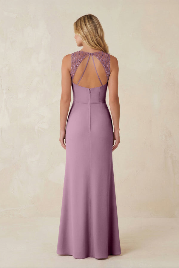 Round Neck Sheath Chiffon Appliqued Bridesmaid Dress in Wisteria - KissProm Bridesmaid Dresses